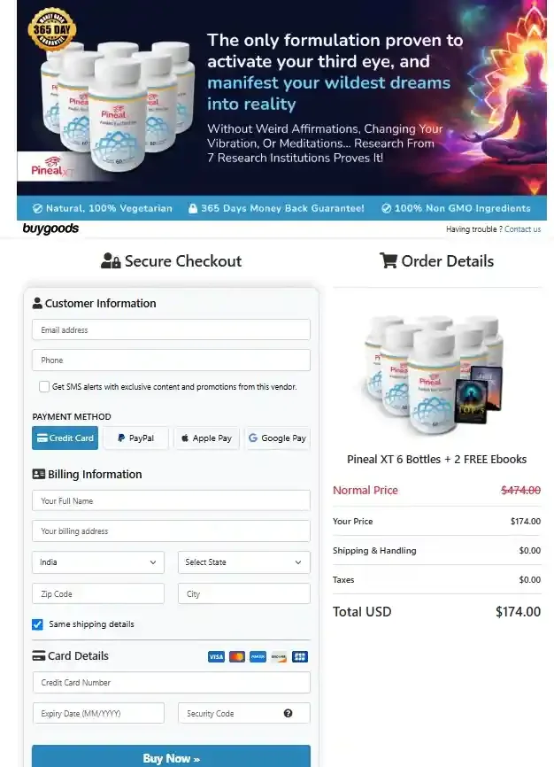 Pineal XT secure checkout order page packages and payment options